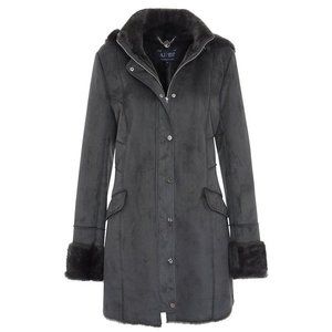 ARMANI JEANS LONG HOODED FAUX LEATHER AND FUR COAT